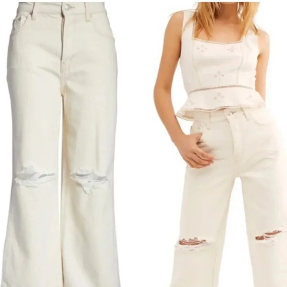 Free People Wide Leg Flared Pants Cream size 30 retro boho chic hippie festival